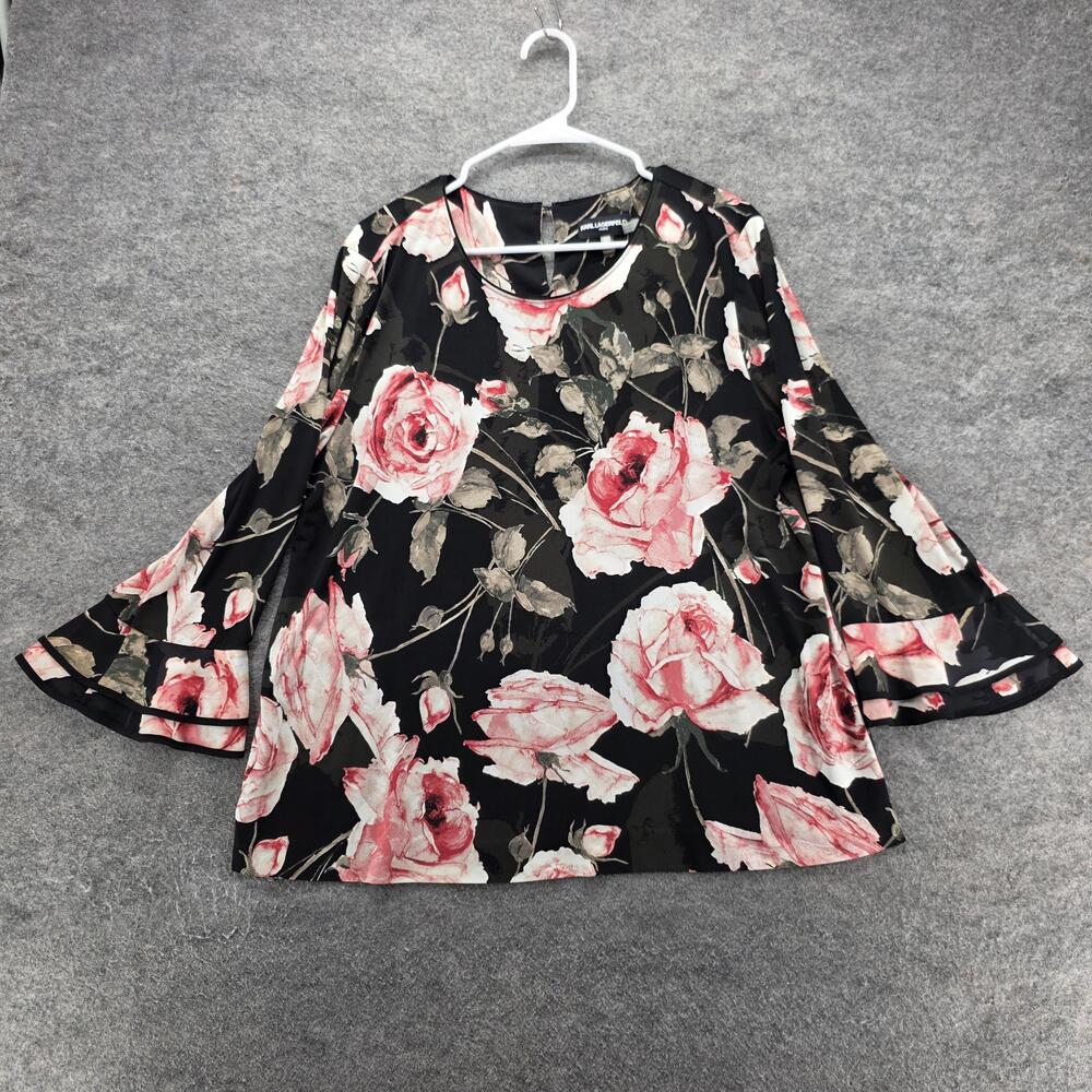 Karl Lagerfeld Paris Blouse Tunic Womens XL Black Floral Bell Sleeve Ruffle